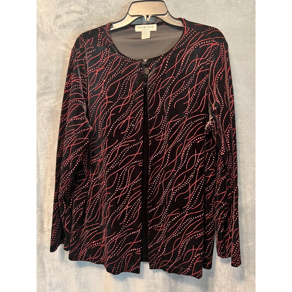 Notations 1X Black Red Velvet Burnout Jacket Top Evening Holiday Stretch Chic